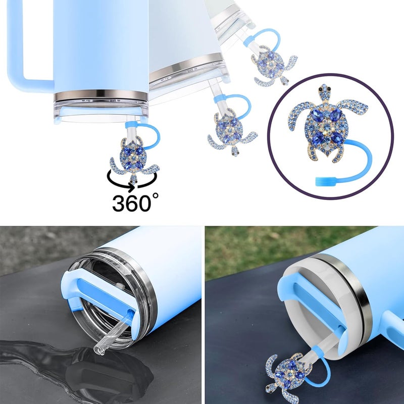 SEMATA 3PCS Cute Tortoise Straw Cover Cap for Stanley Cup Accessories,Bling Crystals Straw Toppers for Stanley Tumbler 40&30 oz,Rhinestone Reusable Straws Tips Protectors Compatible with 10mm Straws - Image 3